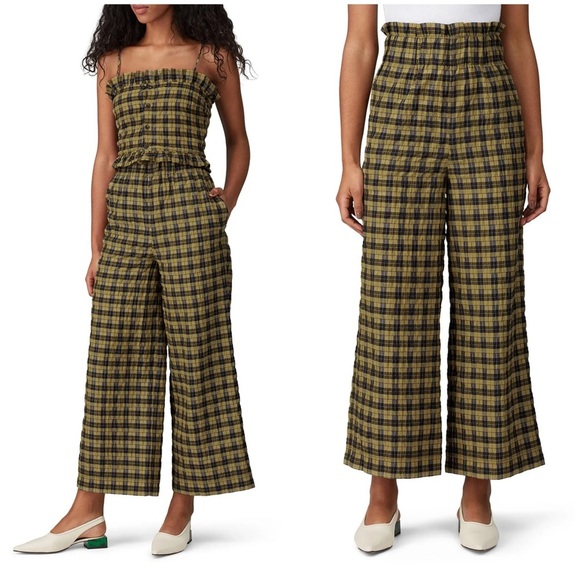 New! Ganni Plaid Straight Wide Leg Seersucker Pants in Green and Black 💚 Medium - Picture 5 of 11